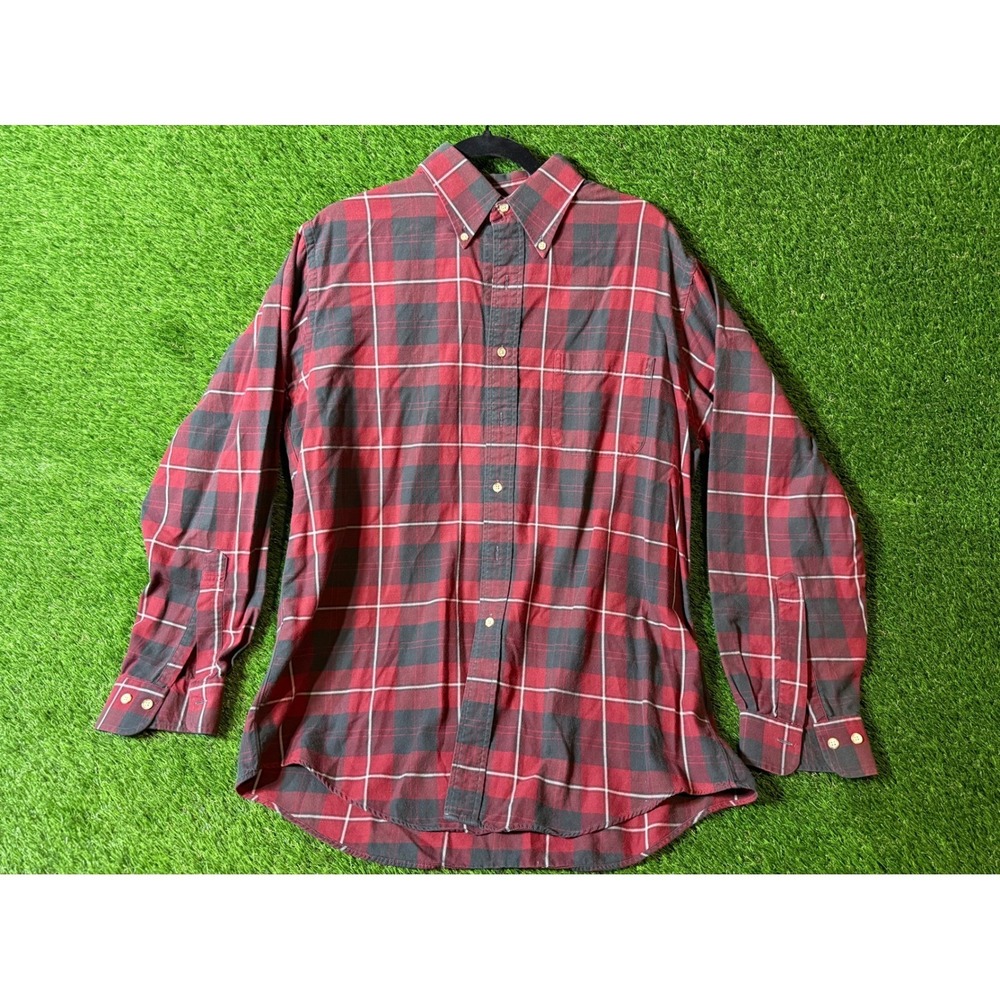 Viyella Red Gray Plaid Button‎ Down Long Sleeve Shirt Men Large